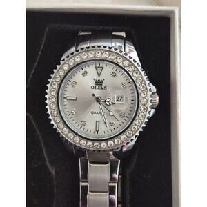 OLEVS Womens Silver Quartz Watch Crystal Bezel Date Stainless Steel X003Q3IGSR